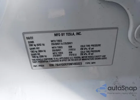 2022 Tesla Model Y Performance Dual Motor All-Wheel Drive z USA, uszkodzony, nr VIN 7SAYGDEF0NF493323